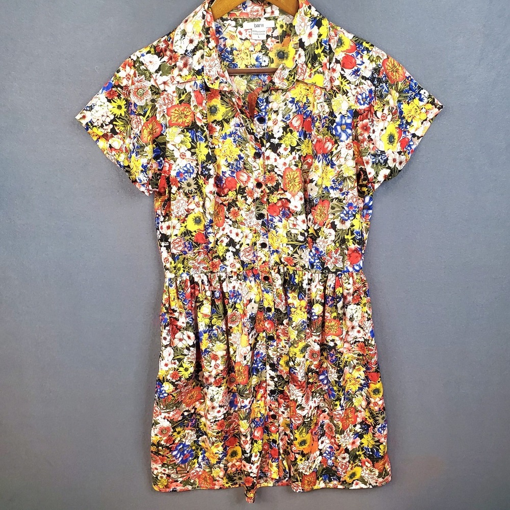 BAR III Floral Button Up Collared Dress Lightweight All-Over Flowers Midi Size L